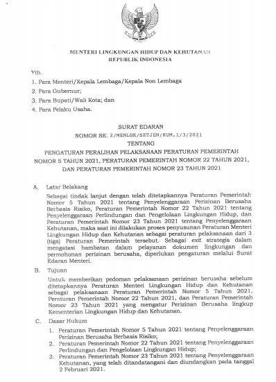 Surat Edaran Menteri Terkait Pengaturan Peralihan Pelaksanaan Peraturan Pemerintah Nomor 5, 22, 23  Tahun 2021